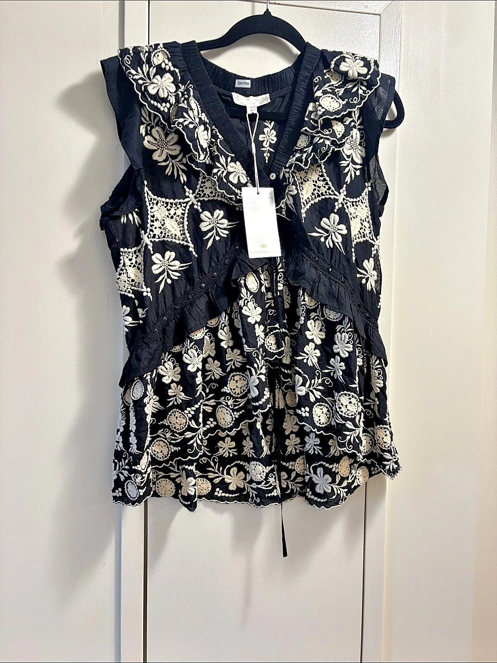 Caroline Constas Floral Cotton Blouse in Black & White Size Large NWT